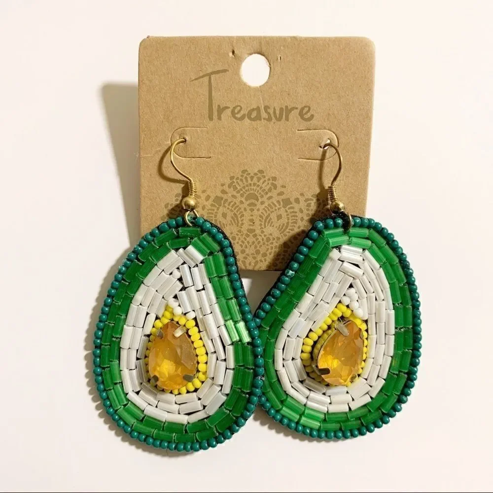 Bohemian Beaded Avocado Drop Earrings, White/Green
